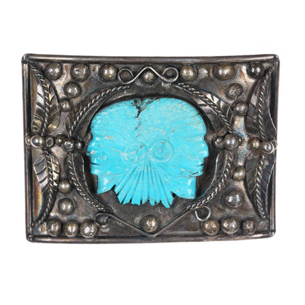 1970's Little Turtle Navajo sterling silver carved Kingman turquoise belt buckle - Estate Fresh Austin