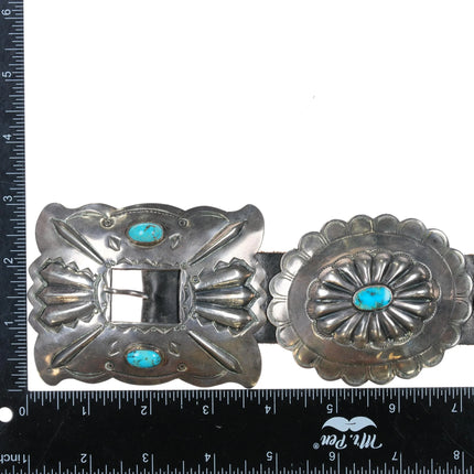 Big c1960 Navajo sterling silver and turquoise hand stamped repousse concho belt - Estate Fresh Austin