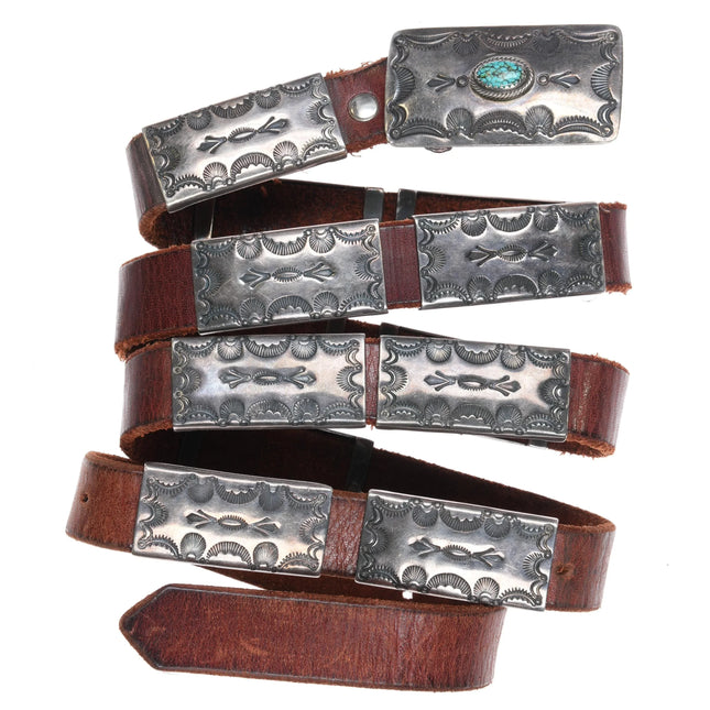 60's Hand Stamped Navajo sterling silver slim concho belt spiderweb turquoise - Estate Fresh Austin