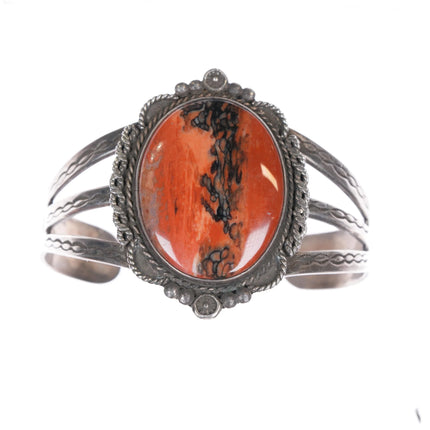 c1950 Navajo sterling silver petrified wood fish stampings cuff bracelet - Estate Fresh Austin