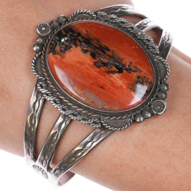 c1950 Navajo sterling silver petrified wood fish stampings cuff bracelet - Estate Fresh Austin
