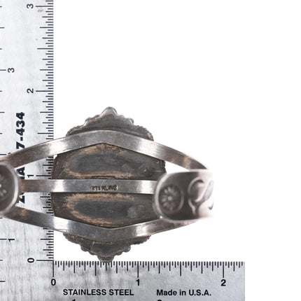 c1950 Navajo sterling silver petrified wood fish stampings cuff bracelet - Estate Fresh Austin