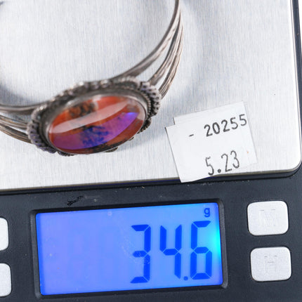c1950 Navajo sterling silver petrified wood fish stampings cuff bracelet - Estate Fresh Austin