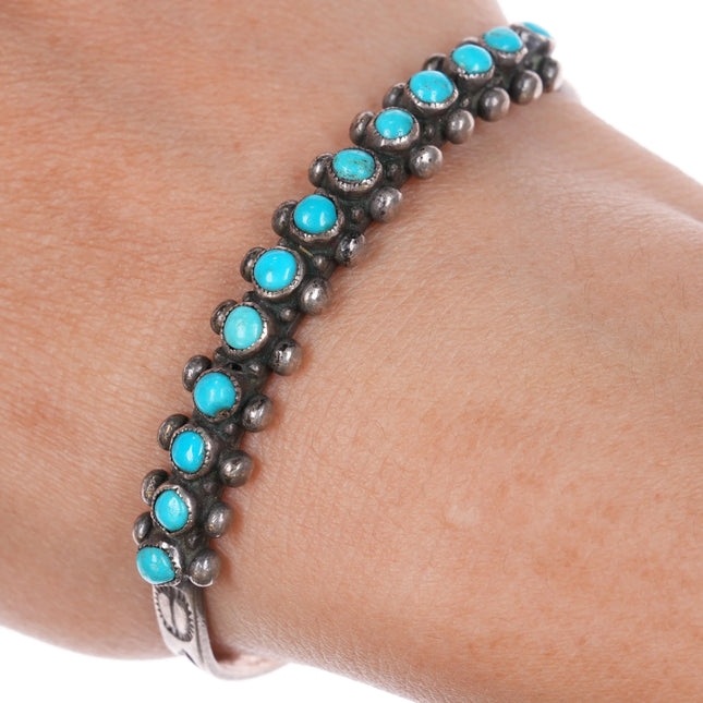 6.25" c1940 Zuni stamped sterling silver snake eye turquoise row cuff bracelet - Estate Fresh Austin