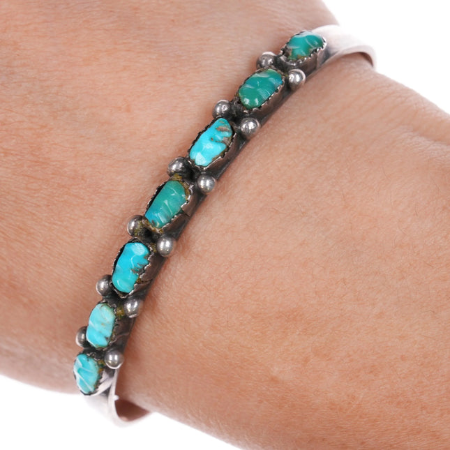 6.3" 50's-60's Zuni carved turquoise row cuff bracelet sterling silver - Estate Fresh Austin