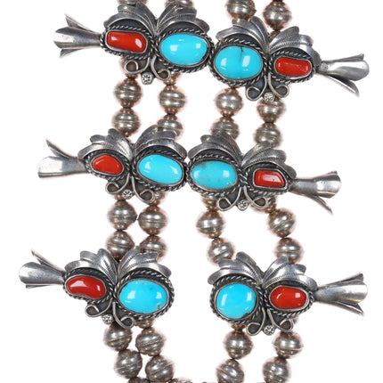 1970's Sterling silver Turquoise/Coral Navajo squash blossom necklace patriotic - Estate Fresh Austin
