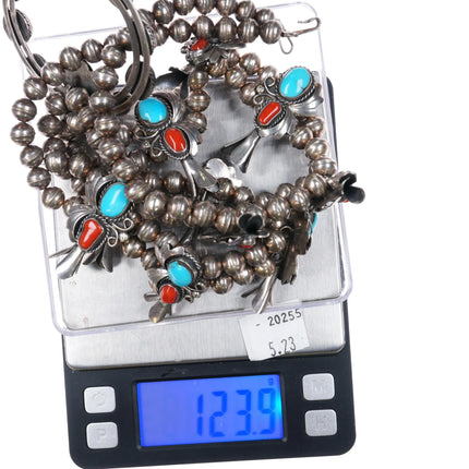 1970's Sterling silver Turquoise/Coral Navajo squash blossom necklace patriotic - Estate Fresh Austin