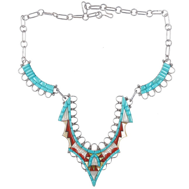 Carolyn Bobelu Zuni Sterling silver coral turquoise cobblestone inlay necklace - Estate Fresh Austin