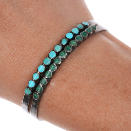 5.6" c1940's Dishta Zuni single row flush inlay stacker cuff bracelets pair - Estate Fresh Austin