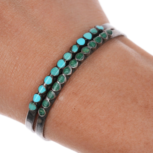 5.6" c1940's Dishta Zuni single row flush inlay stacker cuff bracelets pair - Estate Fresh Austin