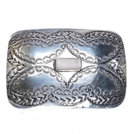 Vintage sterling silver mother of pearl Navajo hand stamped belt buckle - Estate Fresh Austin