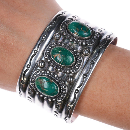 6.4" 40's-50's Navajo Cerrillos Turquoise wide sterling silver cuff bracelet - Estate Fresh Austin