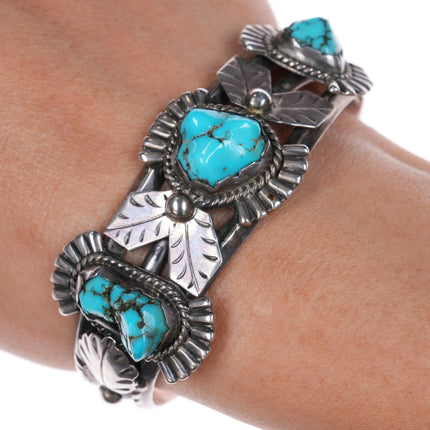 6.5" Vintage Navajo sterling silver 3 stone nugget turquoise cuff bracelet - Estate Fresh Austin