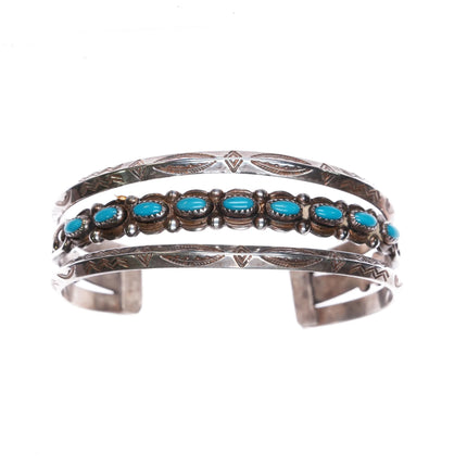 6.3" Bell Trading Post Sterling silver carinated rims turquoise row cuff bracelet - Estate Fresh Austin