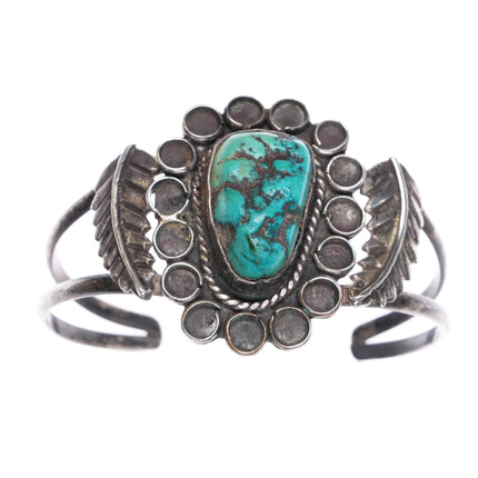 6.5" Vintage Navajo sterling silver turquoise feather edges cuff bracelet - Estate Fresh Austin