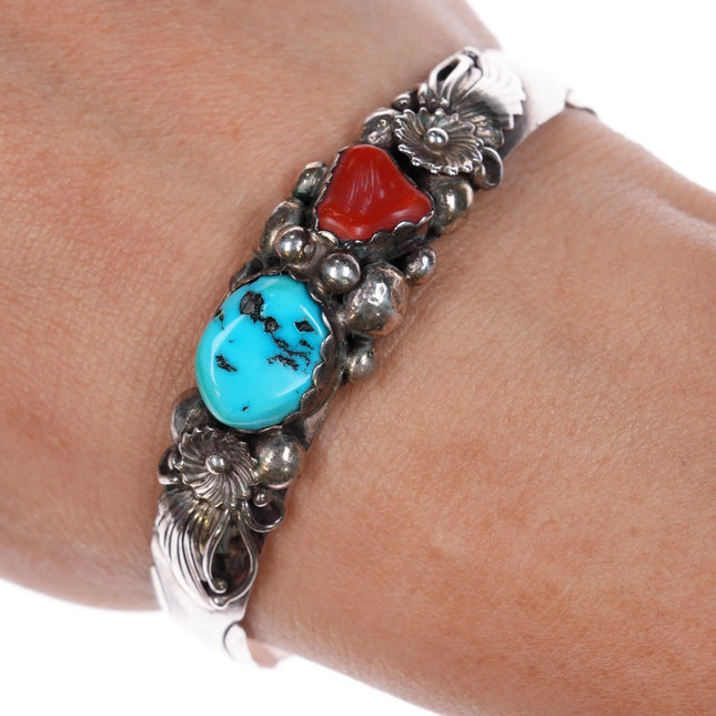 6.35" 1980's R Navajo sterling silver, turquoise, and coral cuff bracelet - Estate Fresh Austin