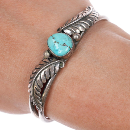 6" 60's-70's Navajo sterling slim/sturdy feather blossom silver cuff bracelet - Estate Fresh Austin