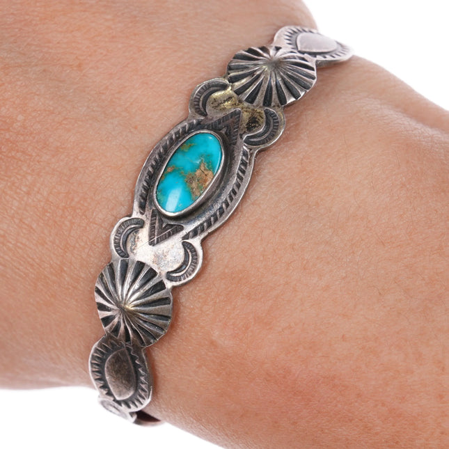 6" 30's-40s Navajo Blue Gem turquoise hand stamped sterling silver cuff bracelet - Estate Fresh Austin