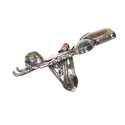 sz7.5 Jerry Roan Navajo Sterling silver Kachina ring Variscite coral eyes - Estate Fresh Austin