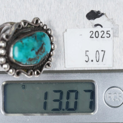 sz7.5 60's-70's Navajo sterling silver large turquoise ring with fancy bezel - Estate Fresh Austin