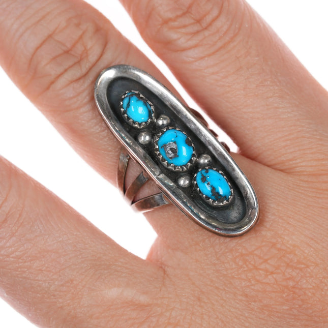 sz7 Vintage Navajo sterling silver 3 stone modernist ring with nice turquoise - Estate Fresh Austin