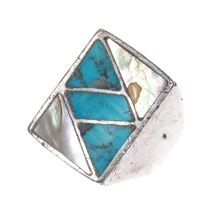 sz9 Zuni Sterling silver and turquoise mother of pearl channel inlay ring 1970's - Estate Fresh Austin