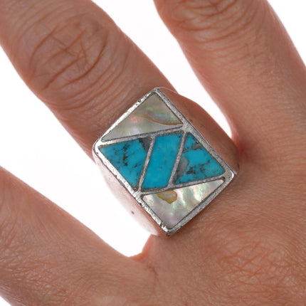 sz9 Zuni Sterling silver and turquoise mother of pearl channel inlay ring 1970's - Estate Fresh Austin