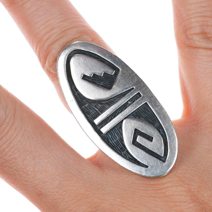 sz5 Lg Manuel Hoyungowa Hopi Overlay long ring sterling silver - Estate Fresh Austin