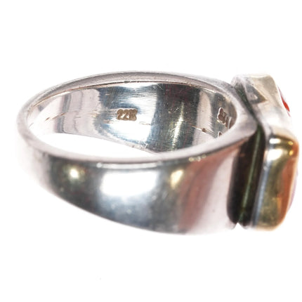 sz7.5 Savati 22k gold bezel Sterling silver Mediterranean coral ring - Estate Fresh Austin