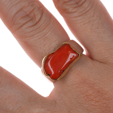 sz7.5 Savati 22k gold bezel Sterling silver Mediterranean coral ring - Estate Fresh Austin