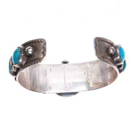 6.5" c1960 Navajo hand stamped sterling silver turquoise row watch cuff bracelet - Estate Fresh Austin