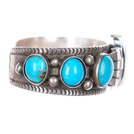 6.5" c1960 Navajo hand stamped sterling silver turquoise row watch cuff bracelet - Estate Fresh Austin