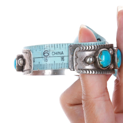 6.5" c1960 Navajo hand stamped sterling silver turquoise row watch cuff bracelet - Estate Fresh Austin