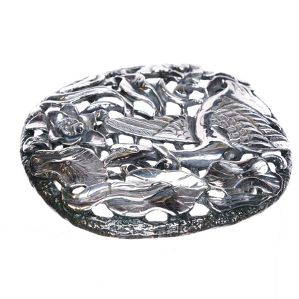 1994 Dietgart Sterling silver Heavy Chinoiserie Asian themed belt buckle cranes - Estate Fresh Austin