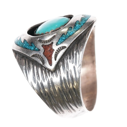sz13 Circle JW Navajo sterling silver chip inlay ring with center turquoise - Estate Fresh Austin