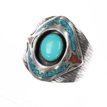 sz13 Circle JW Navajo sterling silver chip inlay ring with center turquoise - Estate Fresh Austin