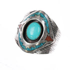 sz13 Circle JW Navajo sterling silver chip inlay ring with center turquoise - Estate Fresh Austin