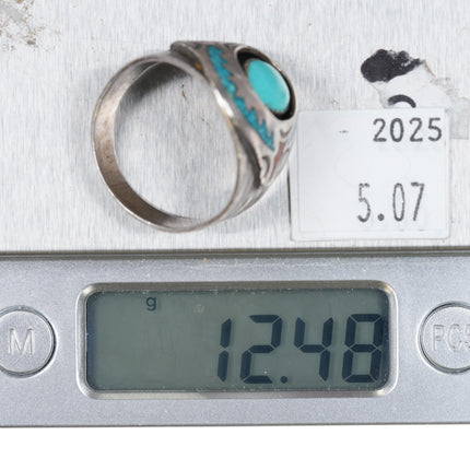 sz13 Circle JW Navajo sterling silver chip inlay ring with center turquoise - Estate Fresh Austin