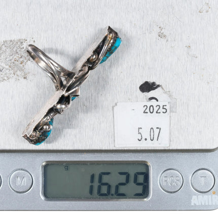 sz9.25 Ernest Wood Navajo 1970's long sterling silver ring w/3 turquoise - Estate Fresh Austin