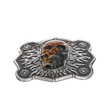 Lee Downey Sterling silver memento-Mori Tiger's Eye Skull Sterling belt buckle - Estate Fresh Austin