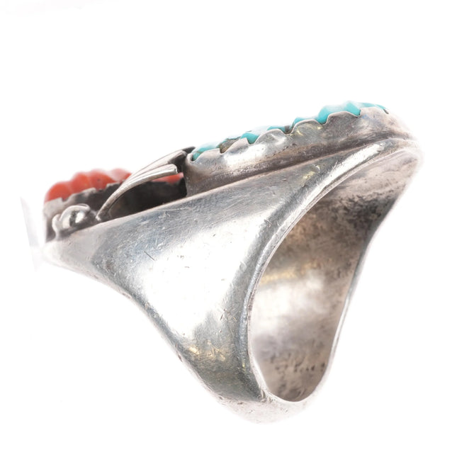 sz10 Huge Loyalita Tsatte Zuni carved turquoise/coral sterling silver ring - Estate Fresh Austin