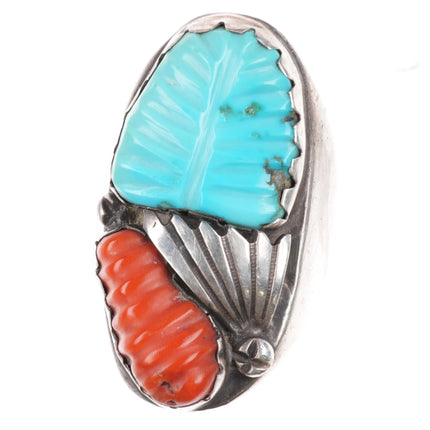sz10 Huge Loyalita Tsatte Zuni carved turquoise/coral sterling silver ring - Estate Fresh Austin