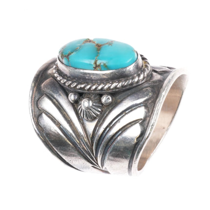 sz7 Derrick Gordon Navajo wide band sterling silver ring with turquoise - Estate Fresh Austin