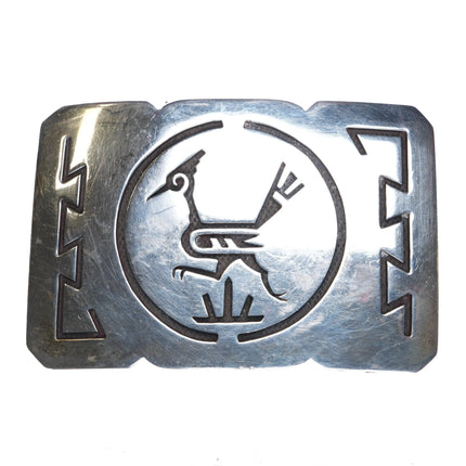 Vintage Navajo Overlay roadrunner belt buckle Native American sterling silver 2" - Estate Fresh Austin