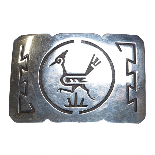 Vintage Navajo Overlay roadrunner belt buckle Native American sterling silver 2" - Estate Fresh Austin