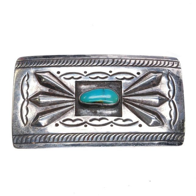 c1950 Vintage Navajo sterling silver repousse hand stamped belt buckle turquoise - Estate Fresh Austin
