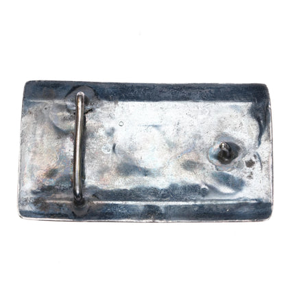c1950 Vintage Navajo sterling silver repousse hand stamped belt buckle turquoise - Estate Fresh Austin