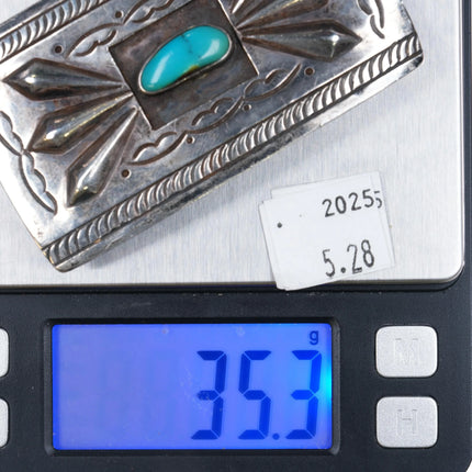 c1950 Vintage Navajo sterling silver repousse hand stamped belt buckle turquoise - Estate Fresh Austin