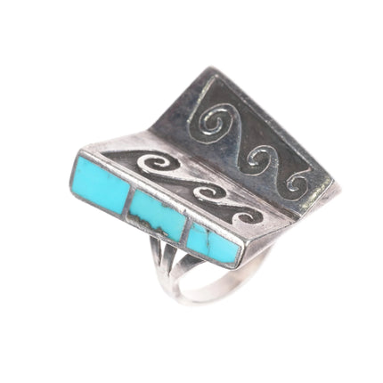 sz7 Vintage Navajo overlay wave/water turquoise inlaid sides ring - Estate Fresh Austin