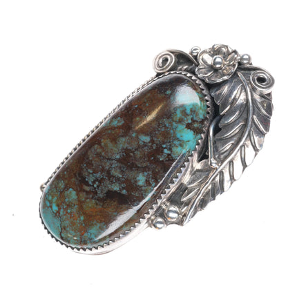 sz7.5 Large 1970's Navajo sterling silver long turquoise ring brown matrix - Estate Fresh Austin